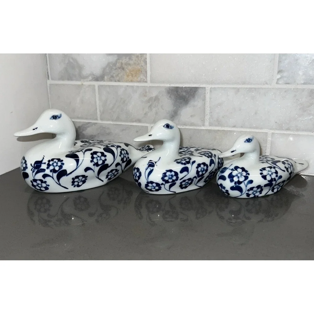 Blue and White Cardinal Fine Porcelain 3 Duck Set